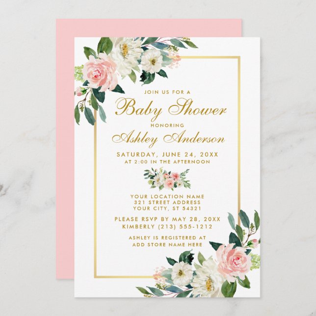 Baby Shower Pink White Gold Floral Invitation P (Front/Back)