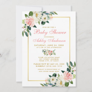 Baby Shower Pink White Gold Floral Invitation Pk