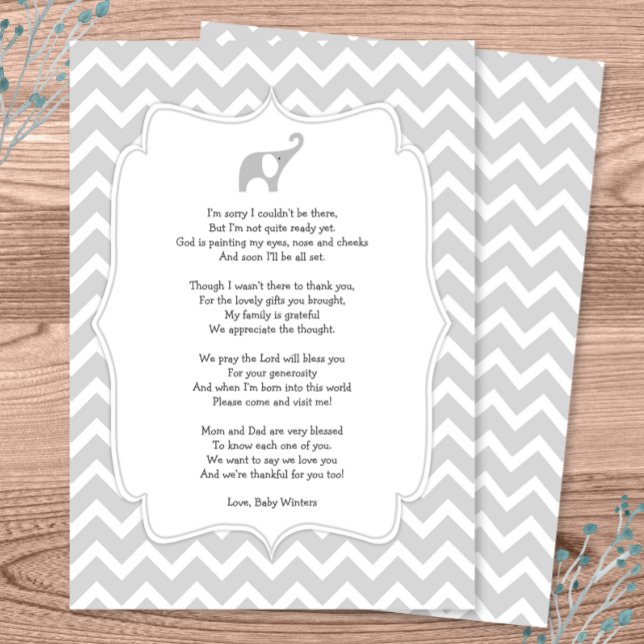 Baby shower poem thank you notes, grey elephant invitation (Creator Uploaded)