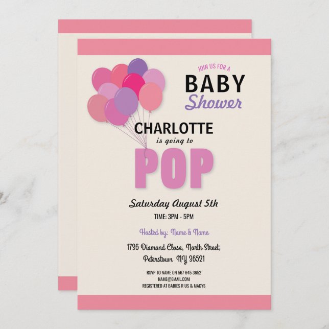 Baby Shower POP Balloon Pink Girl Sprinkle Fun s Invitation (Front/Back)
