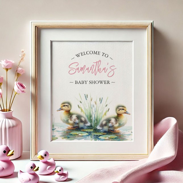 Baby Shower Posters Duck Welcome Sign Pink (baby shower posters pink girl watercolor ducks by Do Tell A Belle)