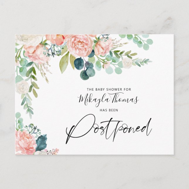 Baby Shower Postponed Date Blush Pink Floral Announcement Postcard (Front)