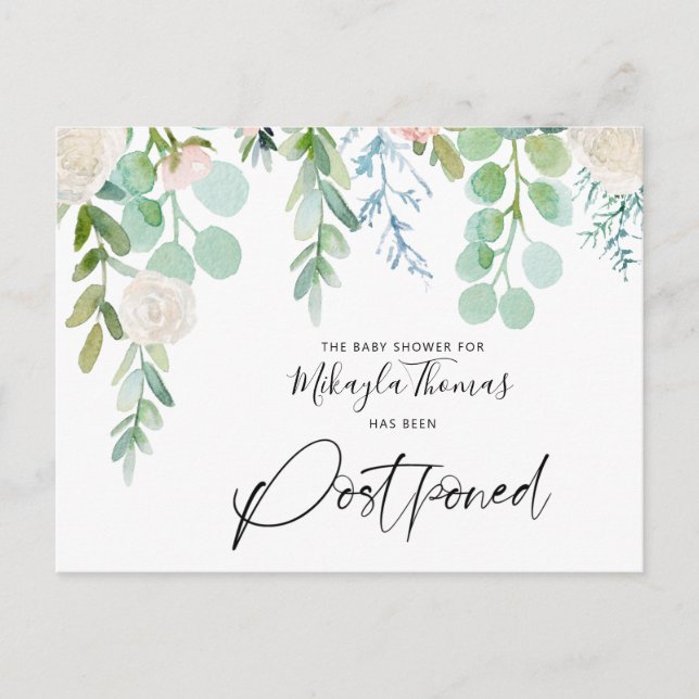 Baby Shower Postponed Watercolor Floral Greenery Announcement Postcard (Front)