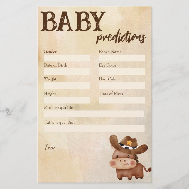Baby shower prediction game little cowboy stationery (Front)