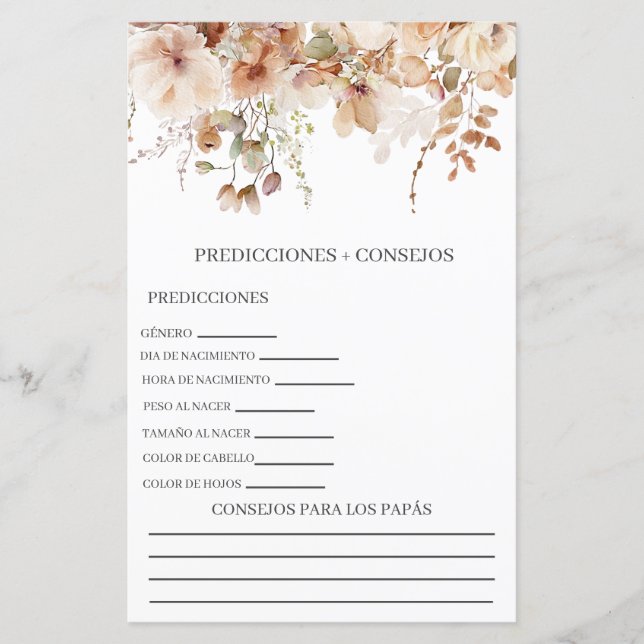 Baby shower predictions in spanish (Front)