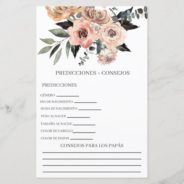 Baby shower predictions in spanish (Front)
