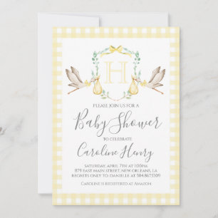 Baby Shower Preppy Gingham Stork Neutral Yellow Invitation