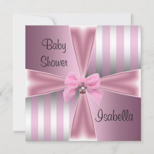 Baby Shower Pretty Satin Pink Silver Stripe Bow Invitation