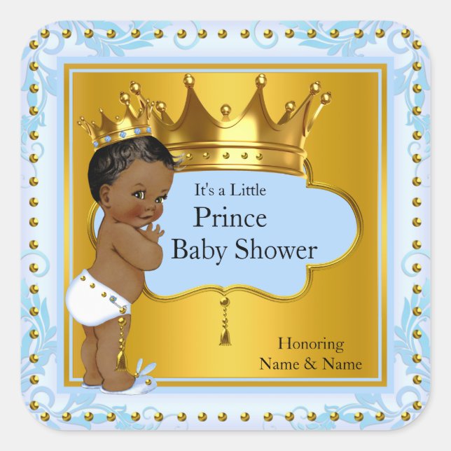 Baby Shower Prince Boy Blue Gold Crown Ethnic Square Sticker (Front)