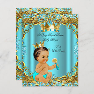 Baby Shower Prince Gold Teal Aqua Brunette Invitation