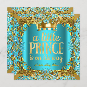 Baby Shower Prince on the way Gold Teal Aqua Invitation