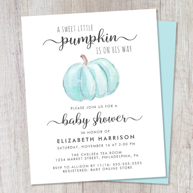 Baby Shower Pumpkin Blue Watercolor Invitation (Celebrate the upcoming arrival of your little autumn baby boy with a pumpkin-themed baby shower)