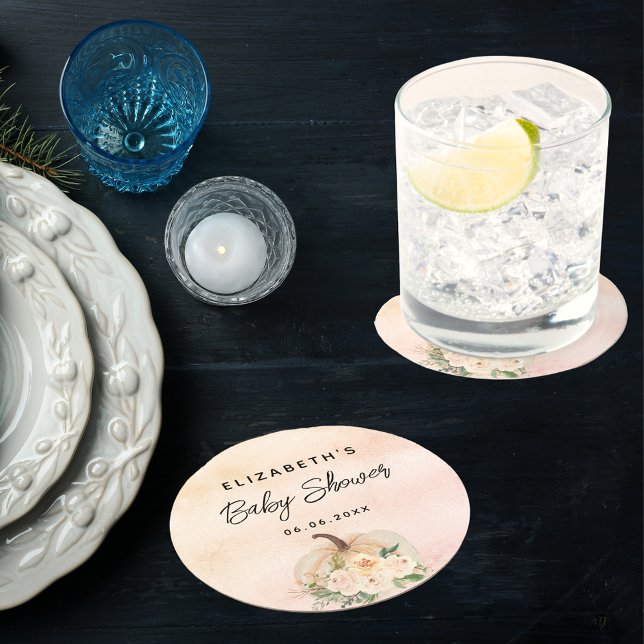 Baby shower pumpkin fall cream rose gold round paper coaster (Creator Uploaded)