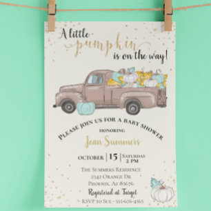Baby Shower Pumpkin Glitter Truck Fall Autumn Invitation
