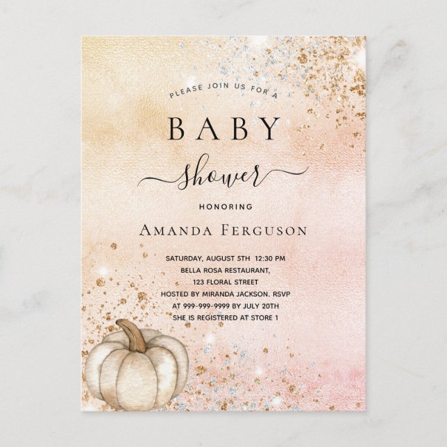 Baby shower pumpkin rose gold glitter fall invitation postcard (Front)