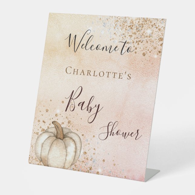 Baby shower pumpkin rose gold glitter fall welcome pedestal sign (Front)