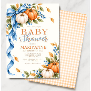Baby Shower Pumpkin Watercolor Blue Bow Invitation