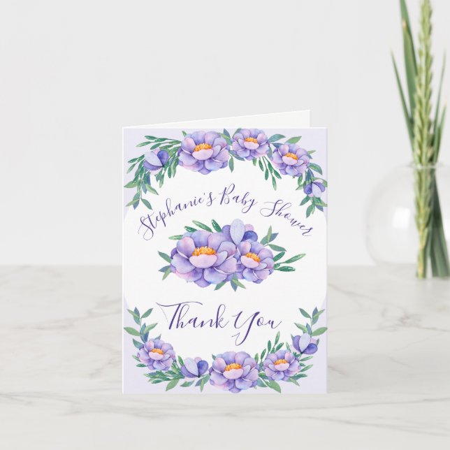 Baby Shower Purple Floral Thank You Card (Front)
