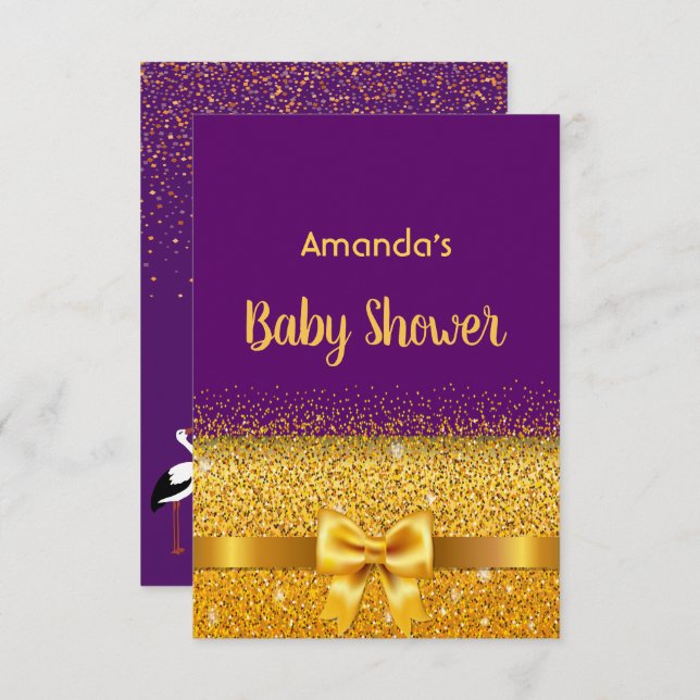 Baby Shower purple gold bow stork Invitation (Front/Back)