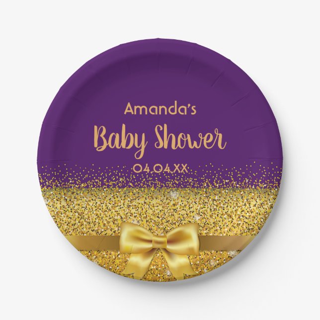 Baby Shower purple gold girl elegant monogram Paper Plate (Front)