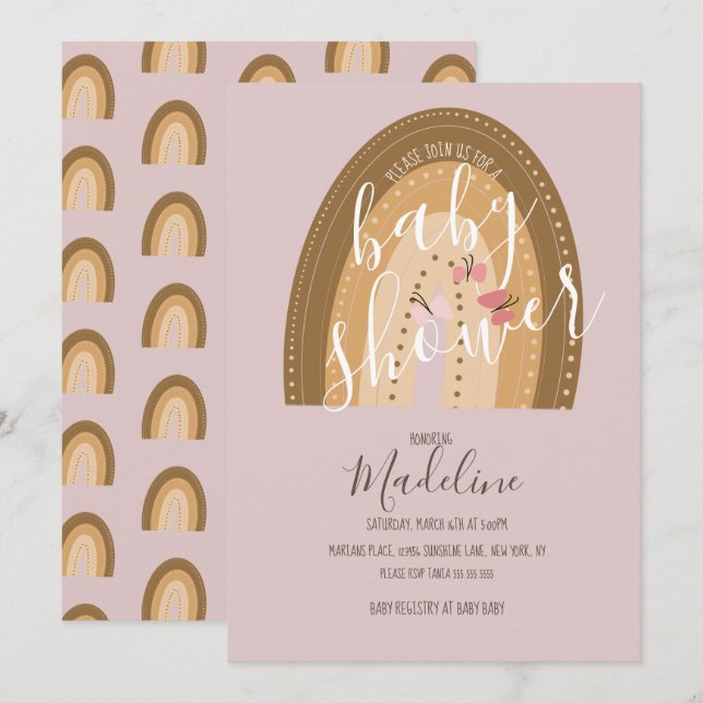 Baby Shower Rainbow  Butterflies Bohemian Pink Invitation (Front/Back)