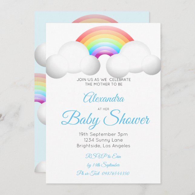 Baby Shower Rainbow Clouds Colourful Blue Invitation (Front/Back)