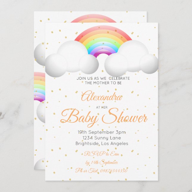 Baby Shower Rainbow Clouds Colourful Gold Spots Invitation (Front/Back)