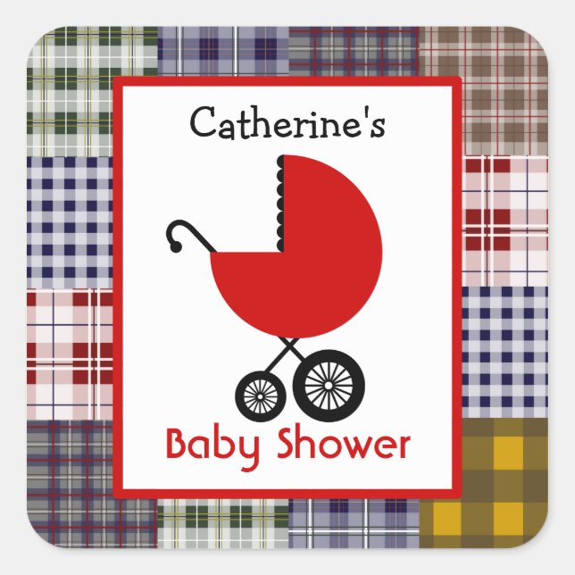 Baby Shower Red Carriage & Plaid Patchwork Square Sticker (Front)