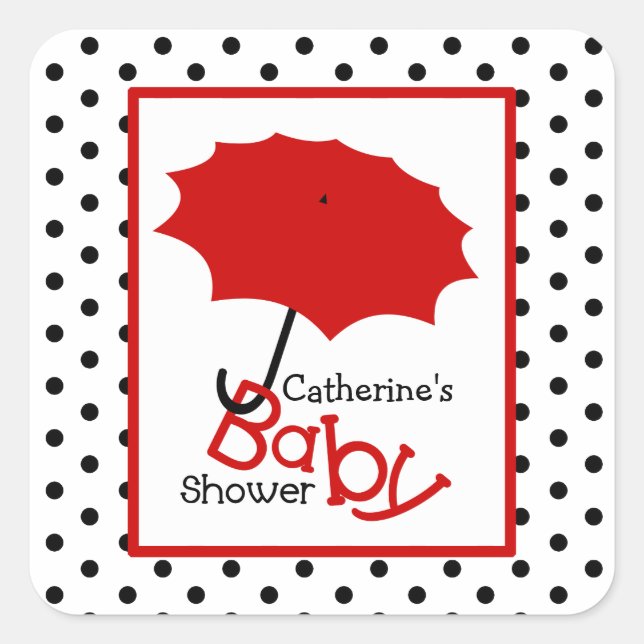Baby Shower Red Umbrella & Polka Dots Square Sticker (Front)