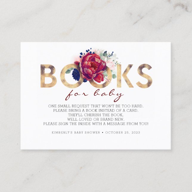 Baby Shower Request - Burgundy Red Floral Business Card (Front)