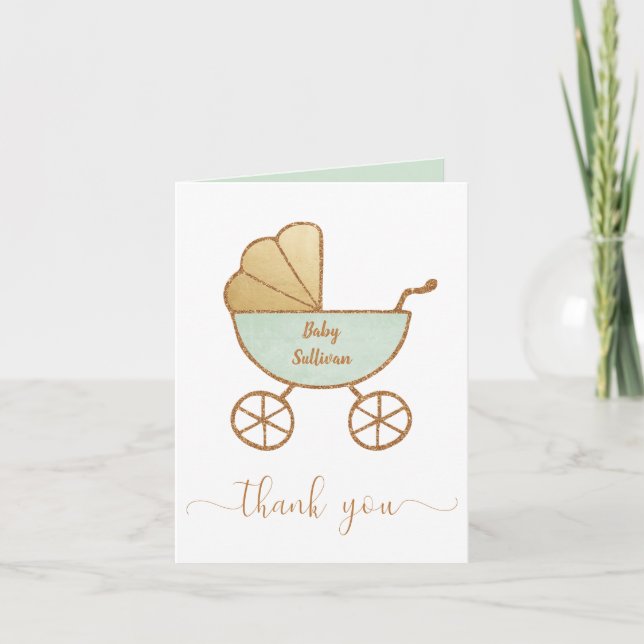 Baby Shower Retro Carriage Mint Gold Thank You Card (Front)