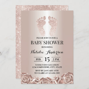 Baby Shower Rose Gold Baby Feet Modern Floral Invitation
