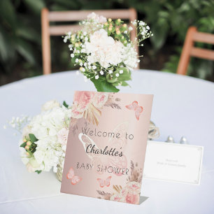 Baby Shower rose gold blush butterfly welcome Pedestal Sign