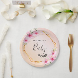 Baby Shower rose gold blush pink florals geometric Paper Plate