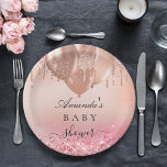Baby shower rose gold blush pink glitter name paper plate<br><div class="desc">A stylish rose gold and blush pink background with faux glitter drips and balloons. Personalise and add a name.</div>