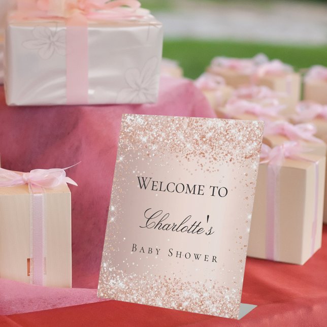 Baby shower rose gold blush welcome pedestal sign (Creator Uploaded)