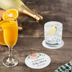 Baby shower rose gold flower greenery round paper coaster