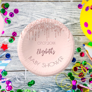 Baby Shower rose gold glitter drips name Paper Plate