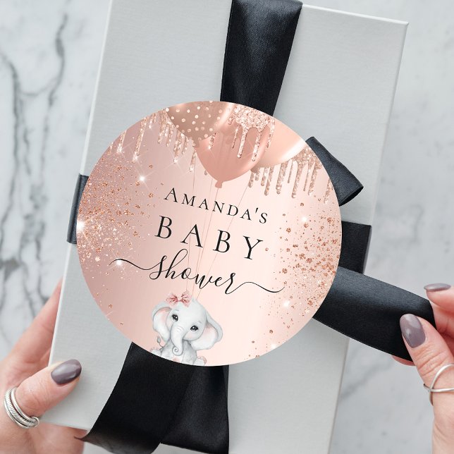 Baby Shower rose gold glitter elephant girl Classic Round Sticker (Creator Uploaded)