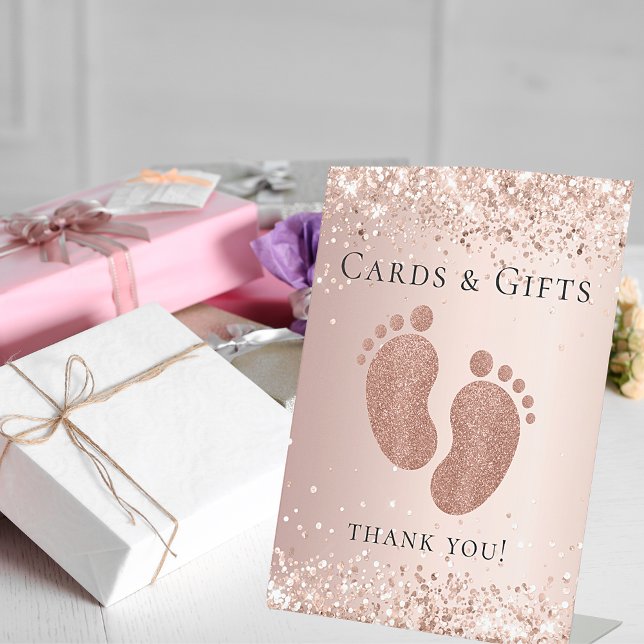 Baby Shower rose gold glitter feet cards gifts Pedestal Sign (Creator Uploaded)