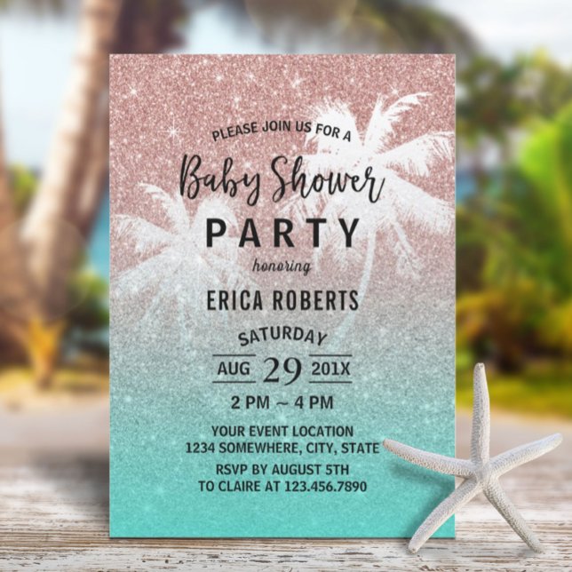 Baby Shower Rose Gold Glitter Tropical Palm Tree Invitation (Creator Uploaded)