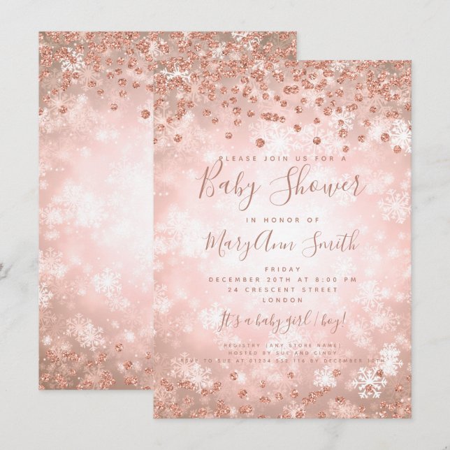 Baby Shower Rose Gold Glitter Winter Wonderland Invitation (Front/Back)