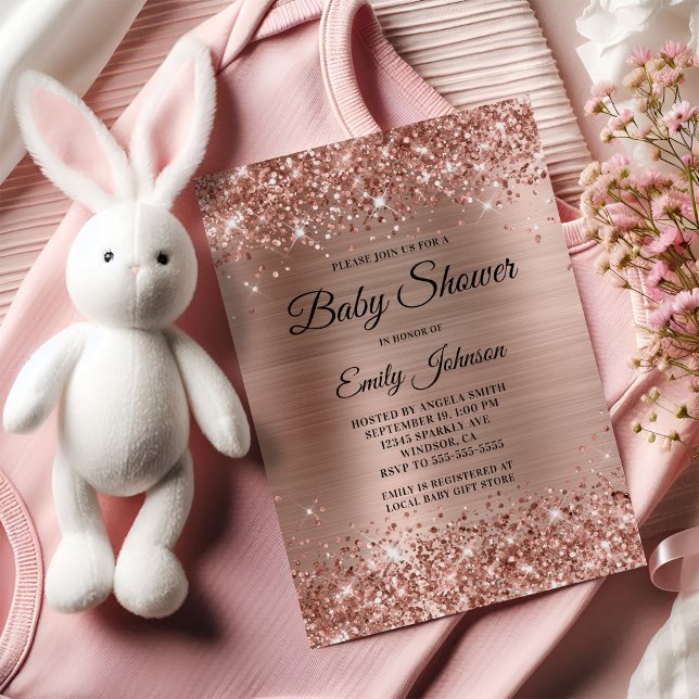 Baby Shower Rose Gold Glittery Foil Fancy Script Invitation (Baby Shower Rose Gold Glittery Foil Fancy Script Invitation)
