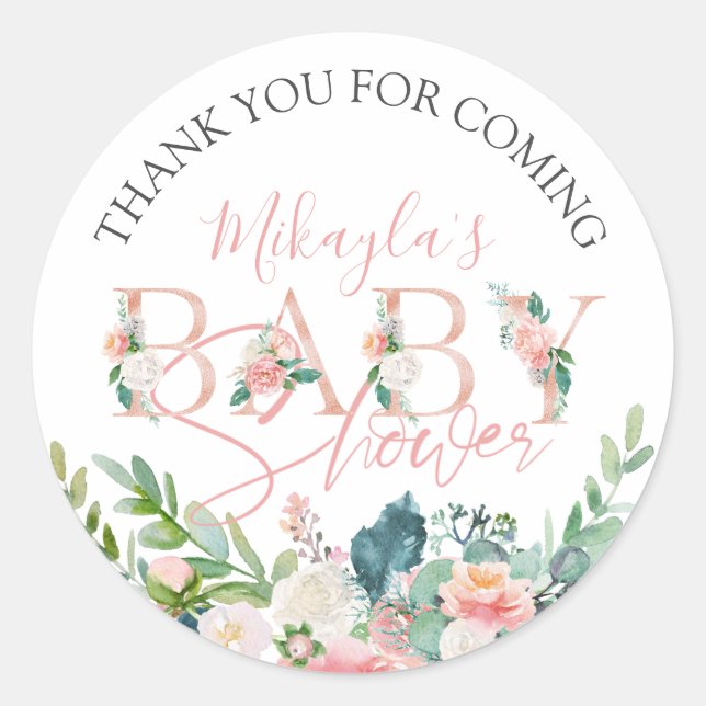 Baby Shower Rose Gold Pink Floral Script Thank You Classic Round Sticker (Front)