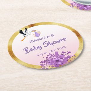 Baby Shower rose gold purple florals stork Round Paper Coaster
