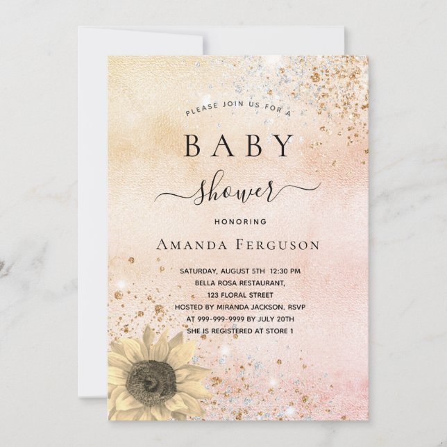 Baby shower rose gold rustic sunflower glitter invitation (Front)