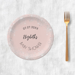 Baby Shower rose gold silver glitter girl name Paper Plate