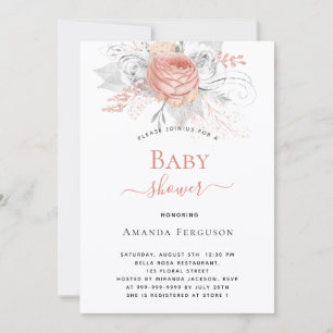 Baby Shower rose gold silver white florals elegant Invitation