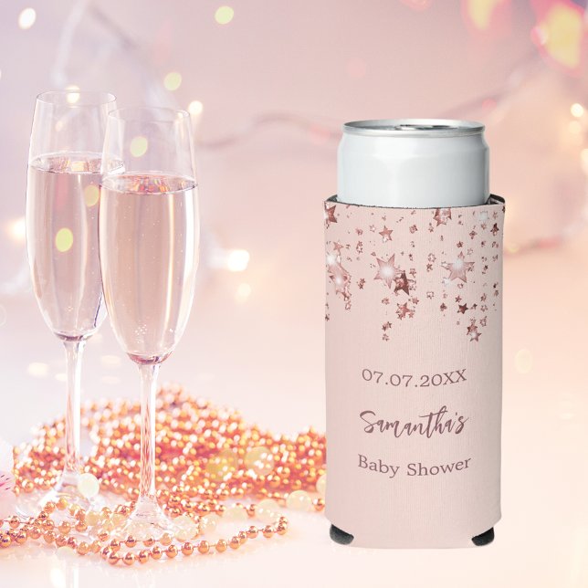 Baby Shower rose gold stars blush girl Seltzer Can Cooler (Creator Uploaded)