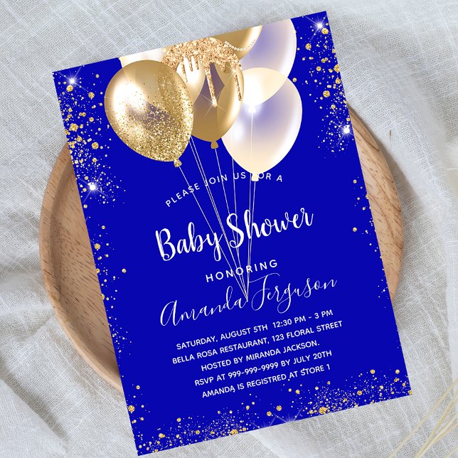Baby shower royal blue gold balloons sparkles invitation (Creator Uploaded)